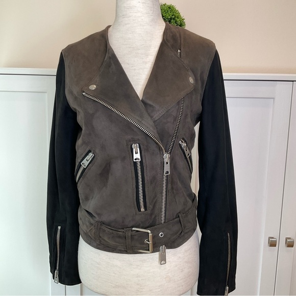 All Saints Jensen Biker Leather Suede Jacket Size 2 Taupe - Picture 3 of 16